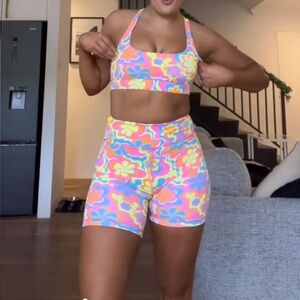 Kulani Kinis Active Cross Back Crop Top Lovey Dovey Groovy Neon Floral Large